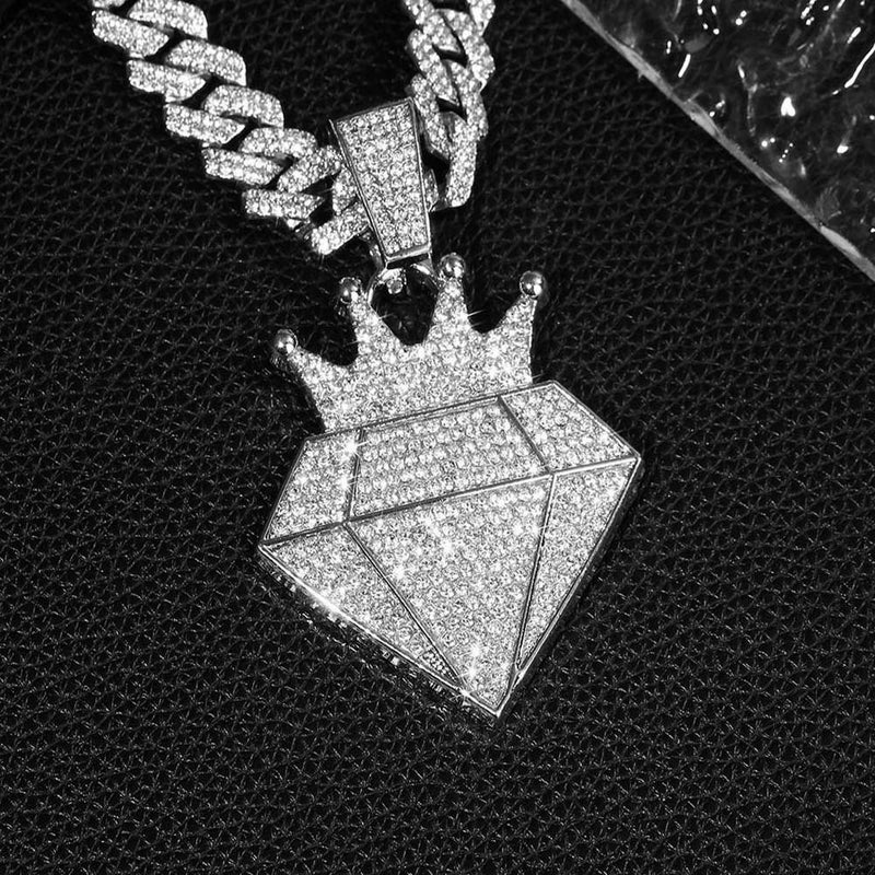 Hip-Hop Rhinestone Fashion Personality Crown Pendant Alloy Necklace Cuban Chain Ins Style Trending Item - Image 2